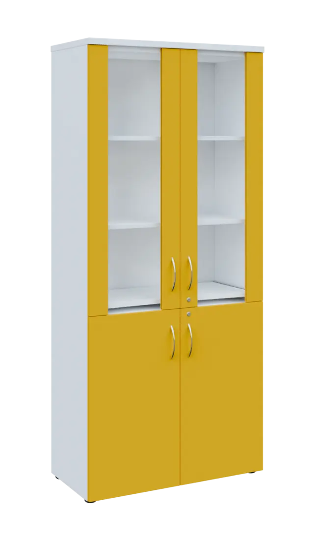 LE - 01 skříň lékařská prosklená, korpus bílá, dvířka žlutá odio